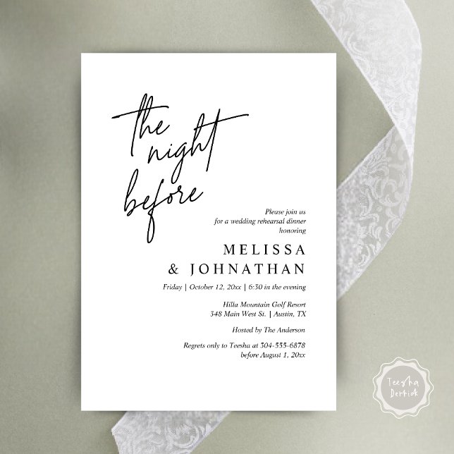 Vorabend, Modernes Hochzeitsessen Probe Einladung (The Night Before, Modern Wedding Rehearsal Dinner Modern Invitation Card, PDF, in Black and White)