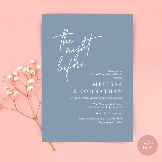 Vorabend, Modernes Hochzeitsessen Probe Einladung (The Night Before, Modern Wedding Rehearsal Dinner Modern Invitation Card, PDF, in Dusty Blue)