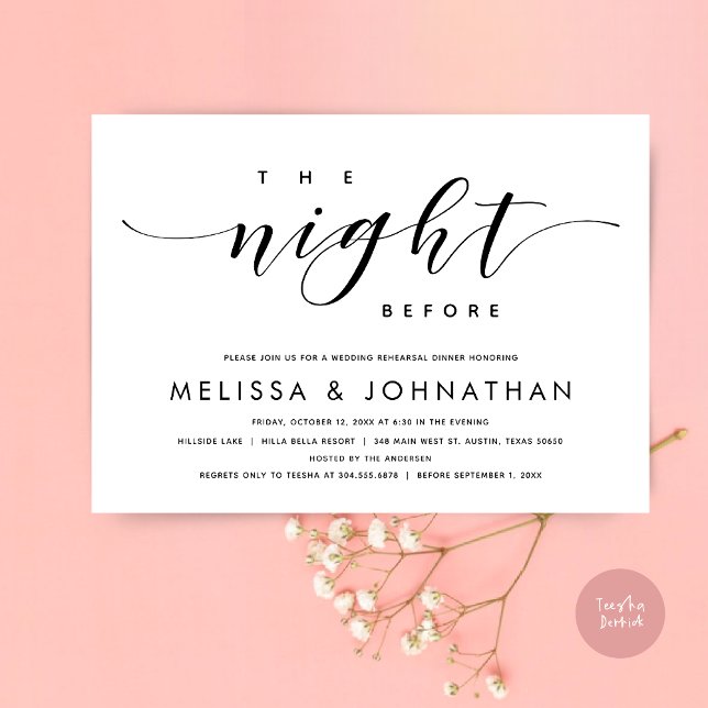 Vorabend, Modernes Hochzeitsessen Probe Einladung (The Night Before, Modern Wedding Rehearsal Dinner Invitation Card, PDF, in Black and White)