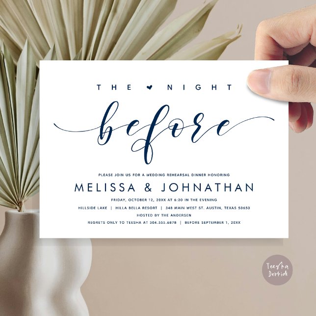 Vorabend, Modernes Hochzeitsessen Probe Einladung (The Night Before, Modern Wedding Rehearsal Dinner Invitation Card, PDF, in Classy Navy Blue)