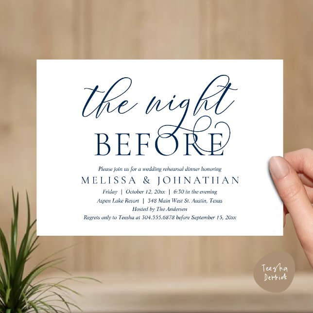 Vorabend, Modernes Hochzeitsessen Probe Einladung (The Night Before, Modern Wedding Rehearsal Dinner Invitation Card, PDF, Classy Elegant, Navy Blue)