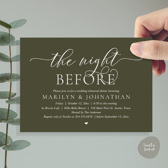 Vorabend, perfekte Hochzeitsfeier Probe Einladung (The Night Before, Perfect Wedding Rehearsal Dinner Modern Classy Invitation Card, PDF, Olive Green)