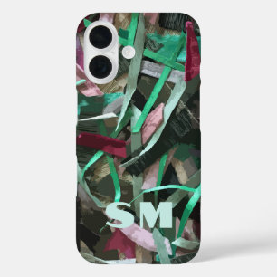 Vordefinierte Monogramm Abstrakte Streifen grün ro iPhone 16 Hülle