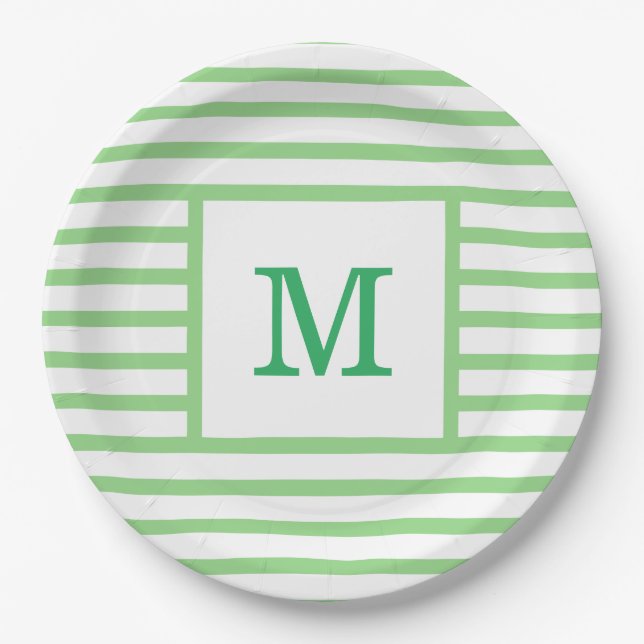 Vordefinierte Monogramm aus grünen und weißen Stre Pappteller (Vorderseite)