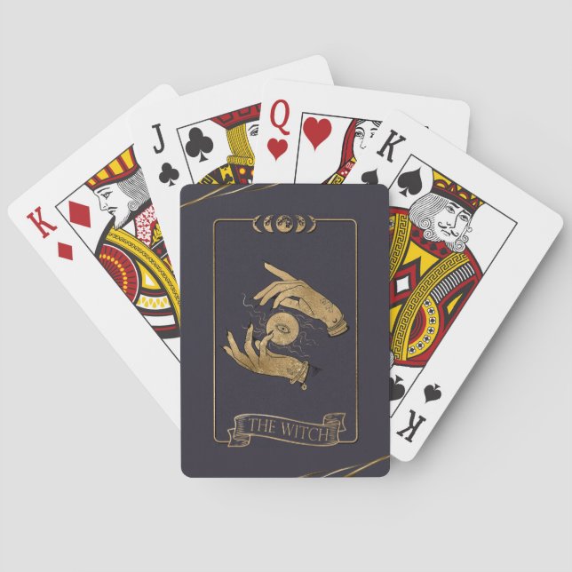 Vorderseite des Hexenmeisters mit Tarot Spielkarten (Rückseite)
