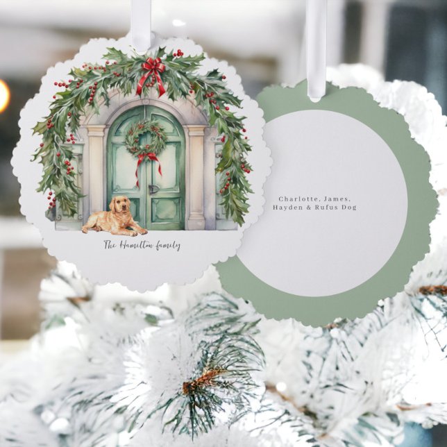 Vordertür mit goldenem Retriever Weihnachten Ornament Karte (Front Door With Golden Retriever Christmas Ornament Cards from Ricaso. Card & ornament in one)