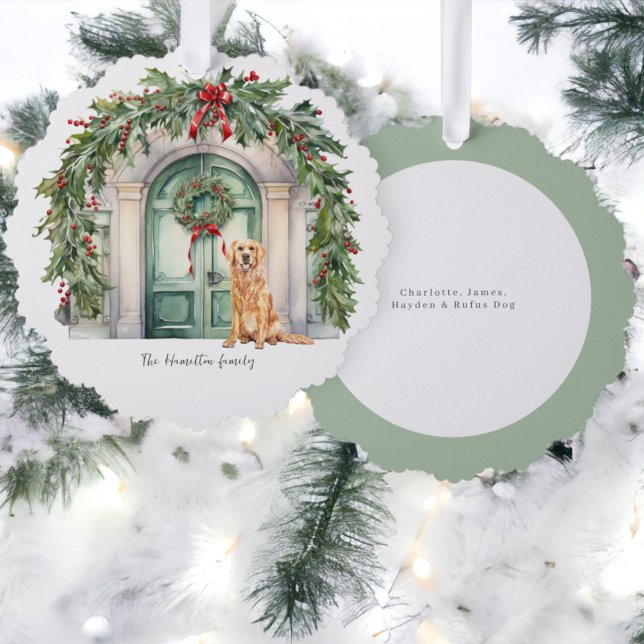 Vordertür mit goldenem Retriever Weihnachten Ornament Karte (Front Door With Golden Retriever Christmas Ornament Cards from Ricaso. A card & ornament on one)