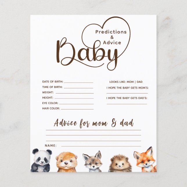 Vorhersagen und Ratschläge Tiere Baby Shower Game (Vorderseite)