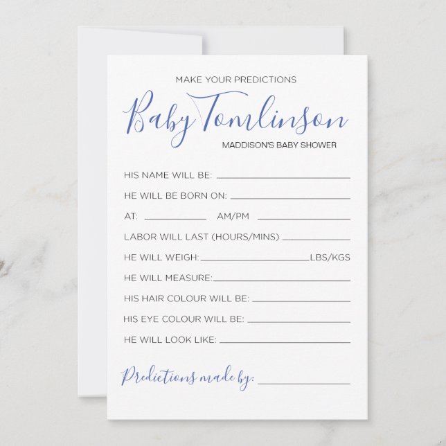 Vorhersagen von Boy Baby Shower Guess Game Card Einladung (Vorderseite)