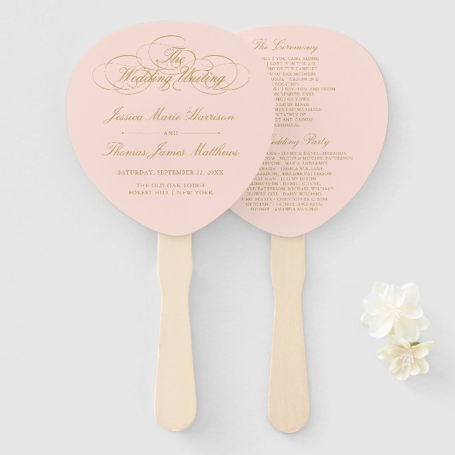 Vorlage des eleganten Blush Pink & Gold-Hochzeitsp Fächer (Vorne und Hinten)
