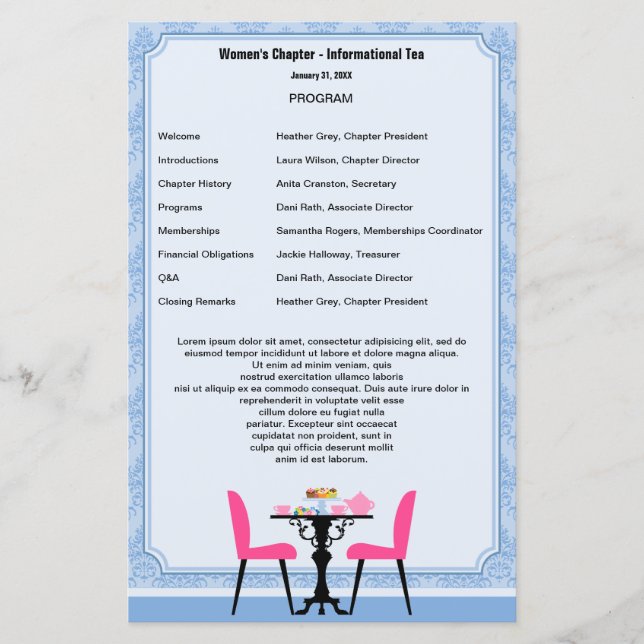 Vorlage des Tee-Party-Programms (Vorderseite)