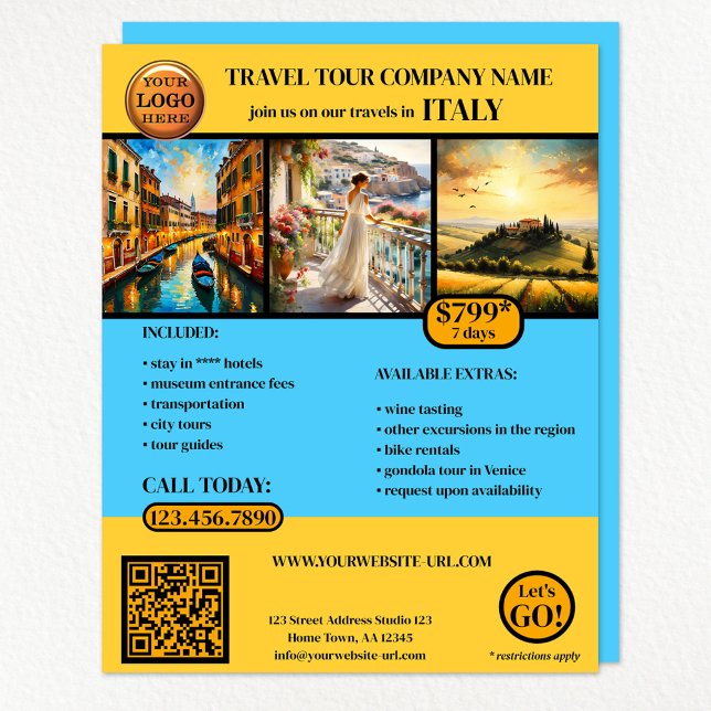 Vorlage für benutzerdefinierte Fotos Flyer (A travel agency flyer with your logo, QR code and 3 photos)