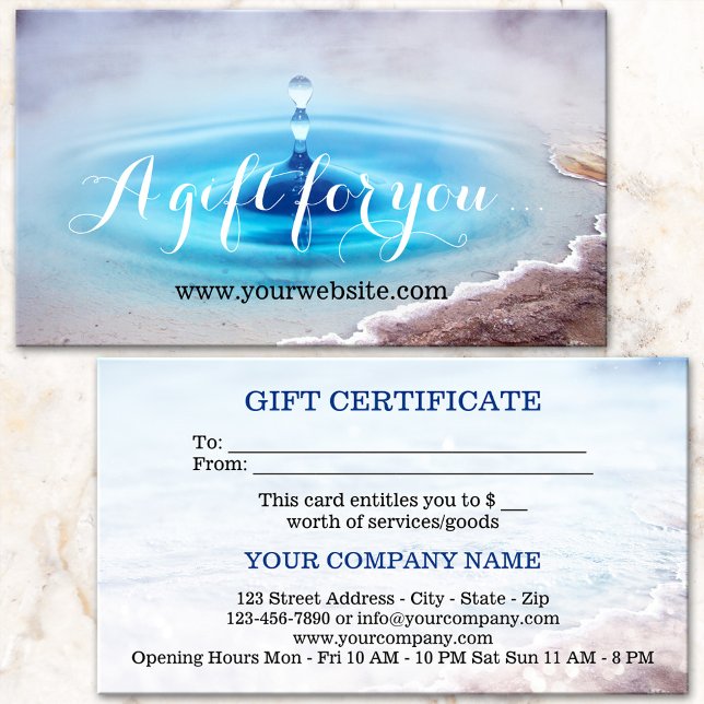 Vorlage für das Geschenkgutachten zum Wellness-Cen Rabattkarte (Gift certificate card featuring an artistic representation of a hot water source - spa - wellness)