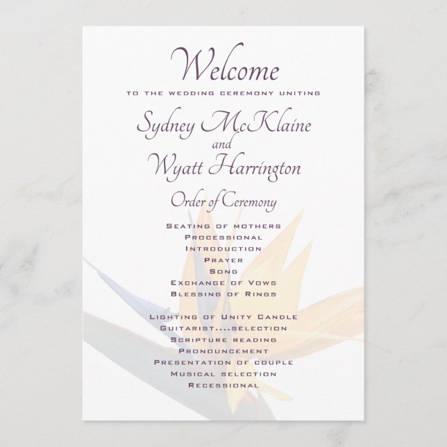 Vorlage für das Hochzeitsprogramm "Bird-of-paradis (Vorderseite)