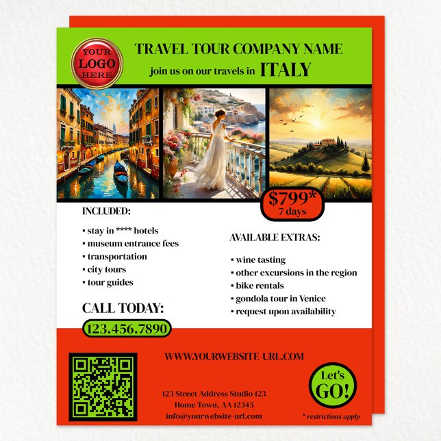 Vorlage für das italienische Reisefoto Flyer (A travel agency flyer with your logo, QR code and 3 photos)