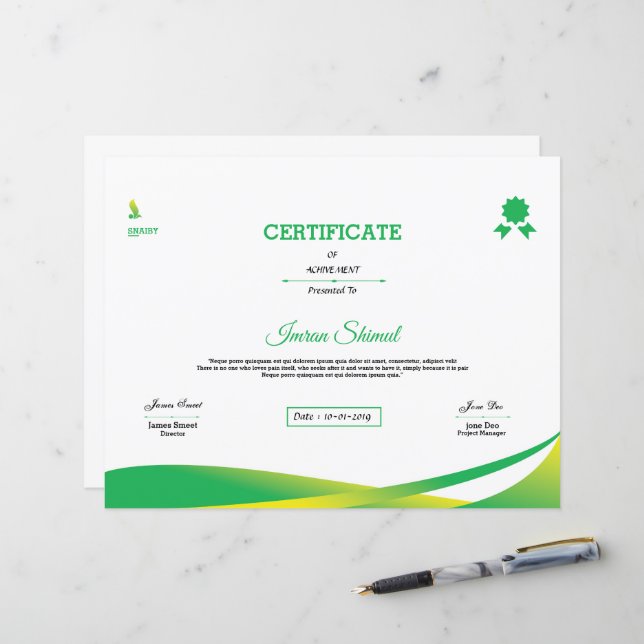 Vorlage für das Leistungszertifikat - Bearbeitbar  (Vorderseite/Rückseite Beispiel)