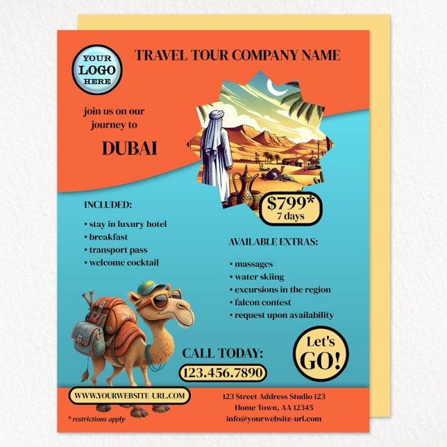 Vorlage für den Augenfang Flyer (A versatile colorful travel agency flyer with your logo, custom photo and optional camel - Dubai)