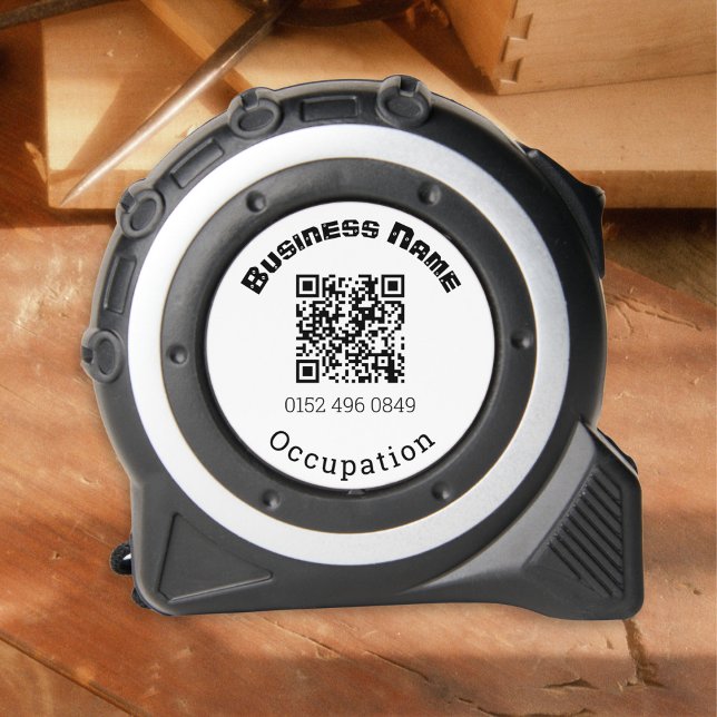 Vorlage für den personalisierten QR-Code Maßband (A personalized, modern tape measure, with QR code, business name, occupation, and phone number)