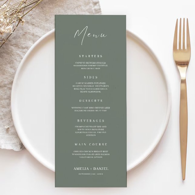 Vorlage für die Darstellung grüner Hochzeitskarten (Sage Green Wedding Menu Cards Template)