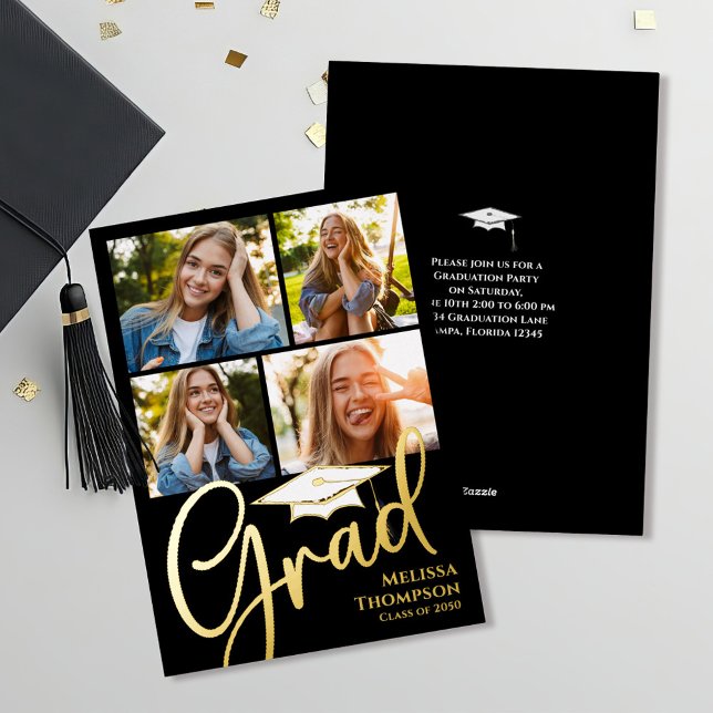 Vorlage für die FotoCollage von Gold Script-Abschl (Graduation photo collage gold foil invitation announcement. )
