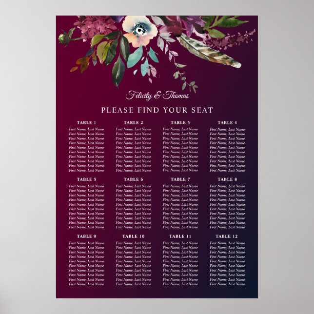 Vorlage für die Hochzeitskartentafel in Burgund Poster (Vorne)