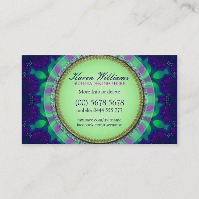 Vorlage für die lila Green Delight Business Card Visitenkarte (Vorderseite)