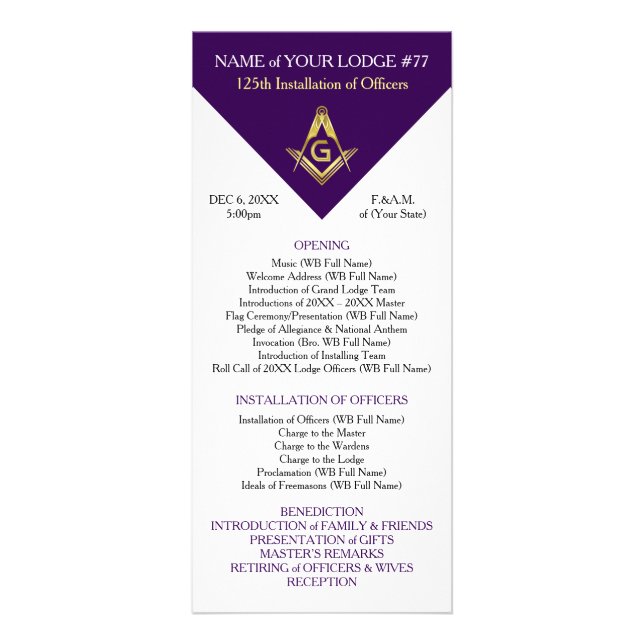 Vorlage für die Masonic Rack Card | Lila & Gold Werbekarte (Vorne)
