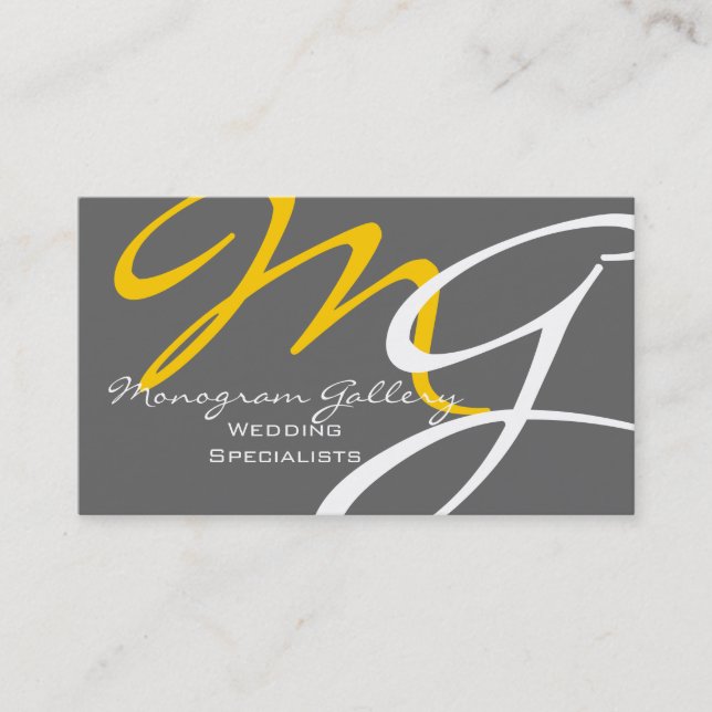 Vorlage für eine gelb-graue, moderne Monogramm-Vis Visitenkarte (Vorderseite)