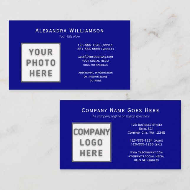 Vorlage für Foto-Logos Horizontal, beidseitig blau Visitenkarte (Vorne/Hinten)