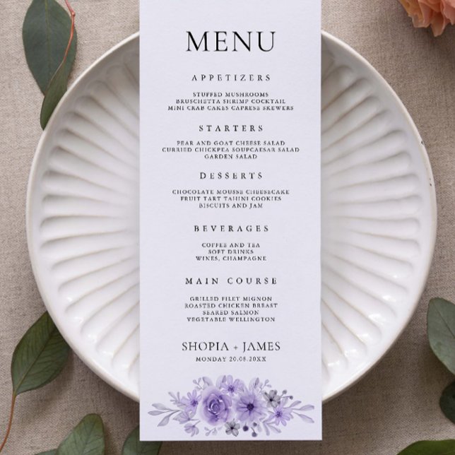 Vorlage für lila Hochzeitmenükarten (Purple Wedding Menu Cards Template)