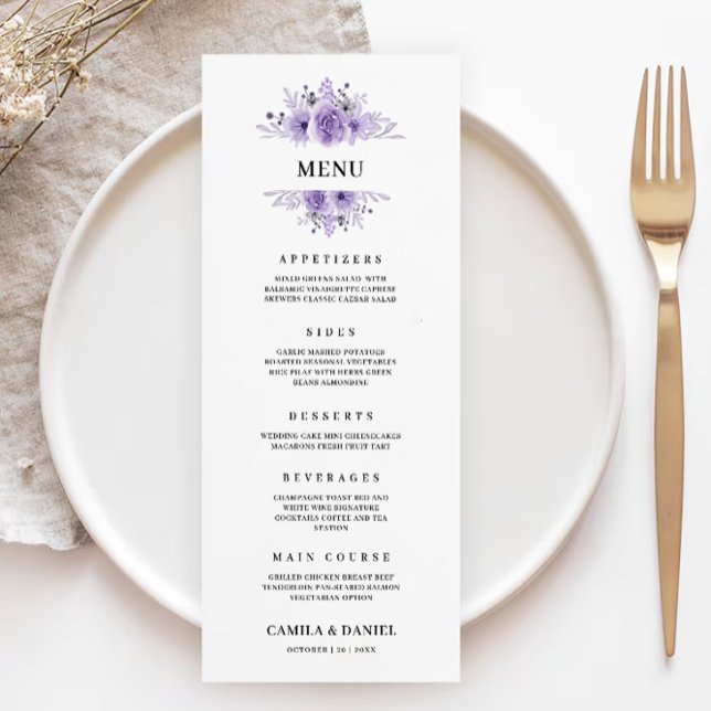 Vorlage für lila Hochzeitmenükarten (Purple Wedding Menu Cards Template)
