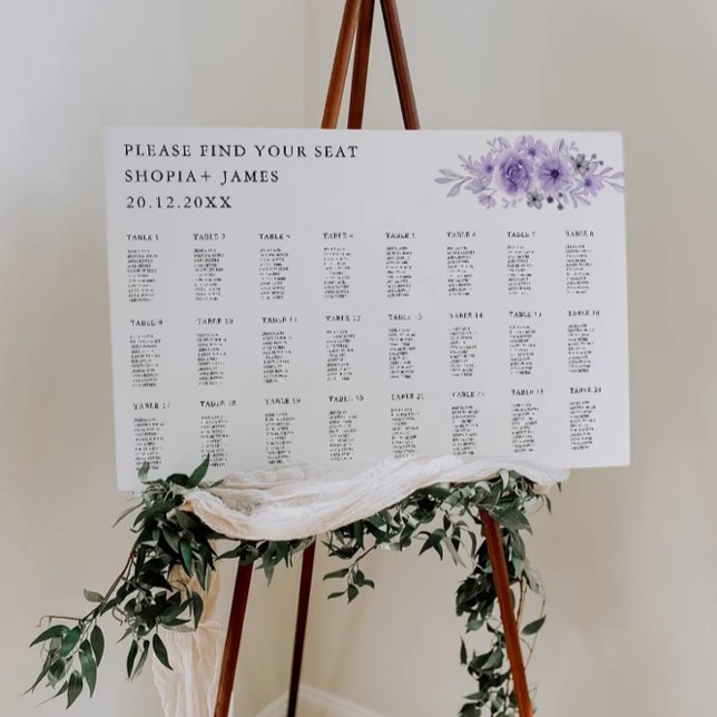 Vorlage für lila Hochzeitssatelliten Poster (Purple Wedding Seating Chart Template)
