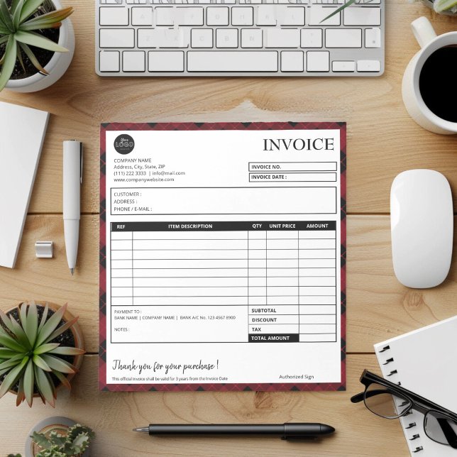 Vorlage für Minimalistische Karierte grenzübergrei Notizblock (Minimalist plaid border festive invoice template)