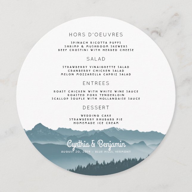 Vorlage für Misty Mountains Round Wedding Menu (Vorderseite)