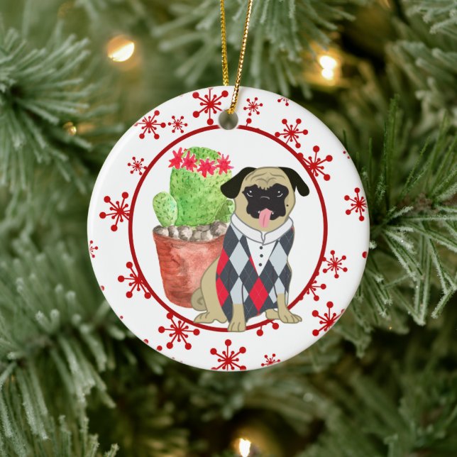 Vorlage für Mops und Kakteen, Red Snowflake Keramik Ornament (Baum)