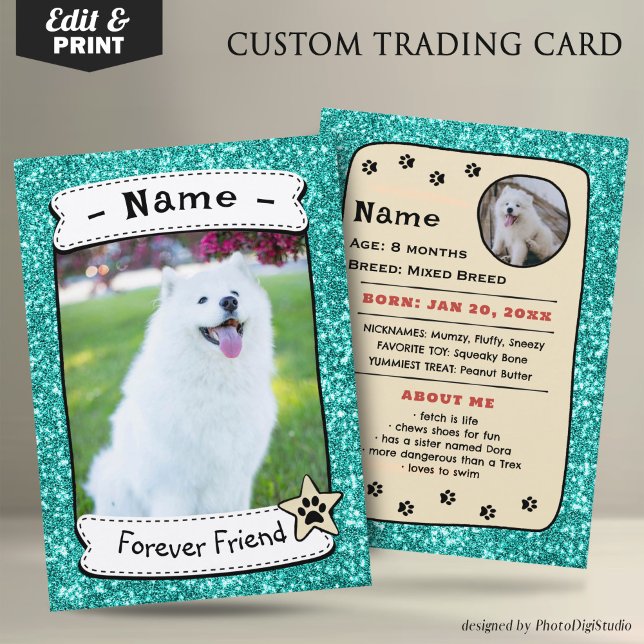 Vorlage für personalisierte Dog Cards für den Hand Telefonnummerkarte (Glitter Green Neutral Pet Trading Card Dog Trading Card Therapy Dog)