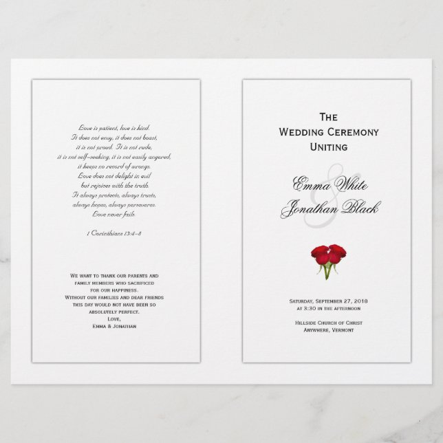 Vorlage für rote Rosen zum Hochzeitsprogramm (Vorderseite)