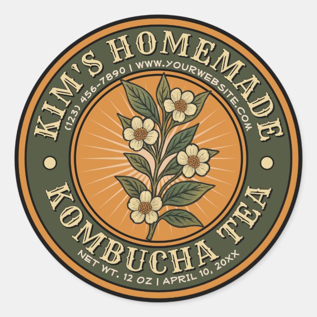 Vorlage für Vintages Kombucha-Tee Runder Aufkleber (Vorderseite)