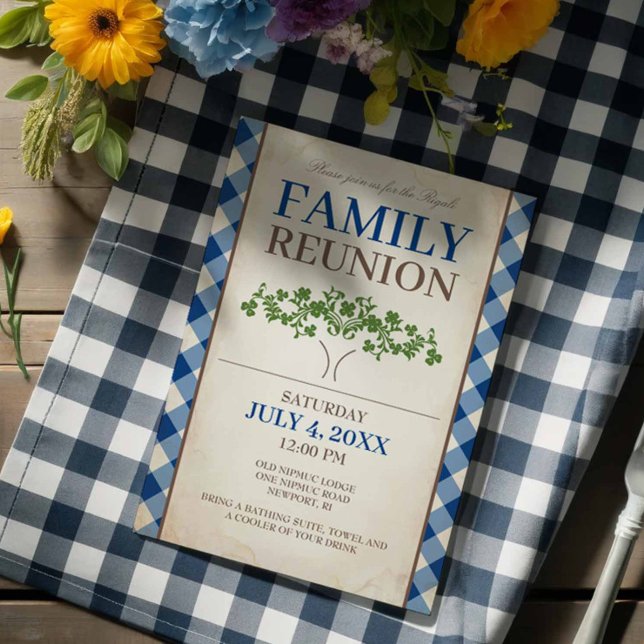 Vorlage für Wiedersehen-Einladungen für Familien (Family reunion invitations blue gingham and tree.)