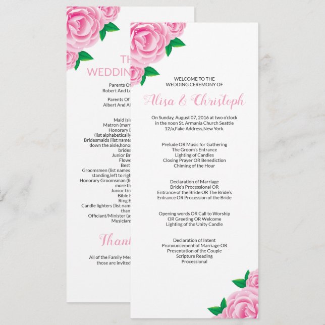 Vorlagen des Hochzeitsprogramms für die Feier (Vorne/Hinten)