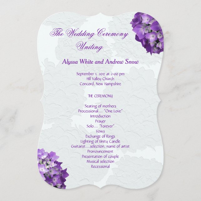 Vorlagen des lila Hydrangea-Hochzeitsprogramms (Vorderseite)