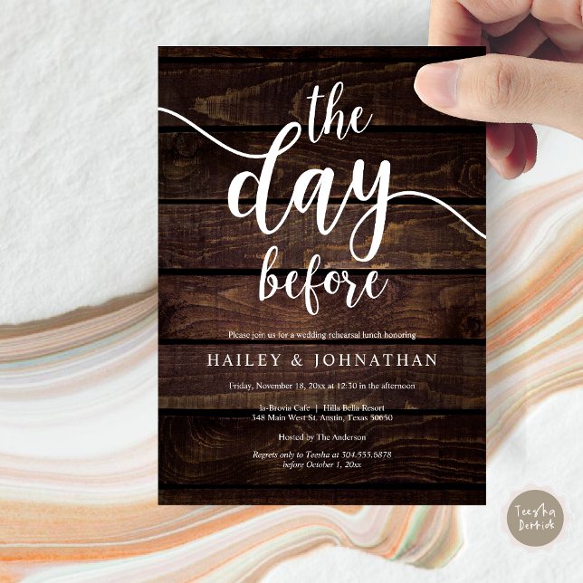 Vormittag, Hochzeitsessen oder Probe Brunch Einladung (The day before, Wedding Rehearsal Lunch or Brunch Invitation Card, PDF, Brown Wood Background)