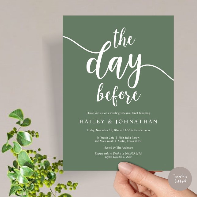 Vormittag, Hochzeitsessen oder Probe Brunch Einladung (The day before, Wedding Rehearsal Lunch or Brunch Invitation Card, PDF, Forest Sage Green)