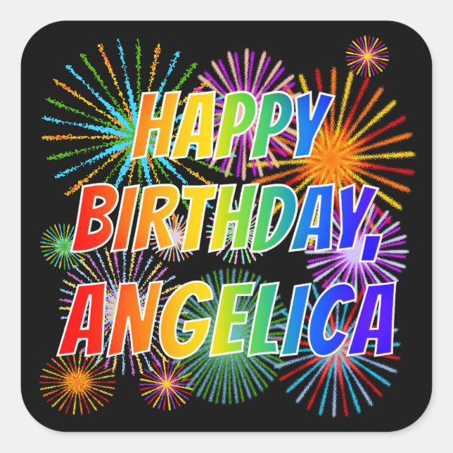 Vorname "ANGELICA", Fun "HAPPY BIRTHDAY" Quadratischer Aufkleber (Vorderseite)