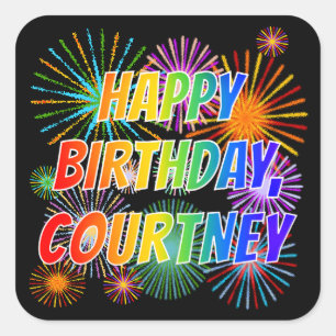 Vorname "COURTNEY", Fun "HAPPY BIRTHDAY" Quadratischer Aufkleber