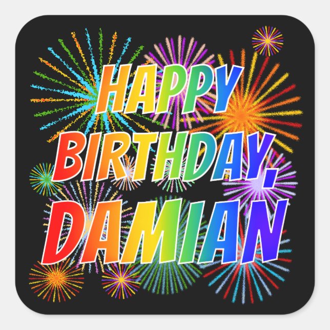 Vorname "DAMIAN", Fun "HAPPY BIRTHDAY" Quadratischer Aufkleber (Vorderseite)
