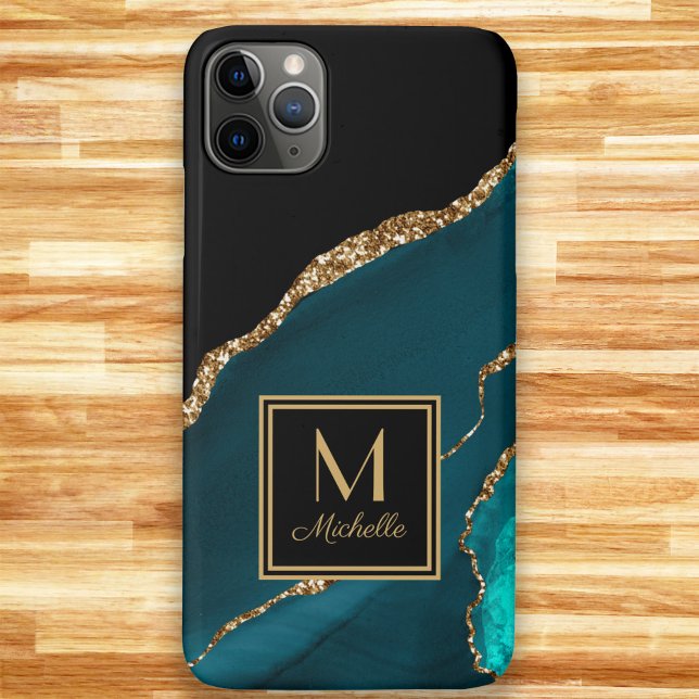 Vorname des eleganten Aquamarin Black Gold Monogra Case-Mate iPhone Hülle (Teal, black, and gold marble monogram phone case.  Transfer this design to any style phone case )