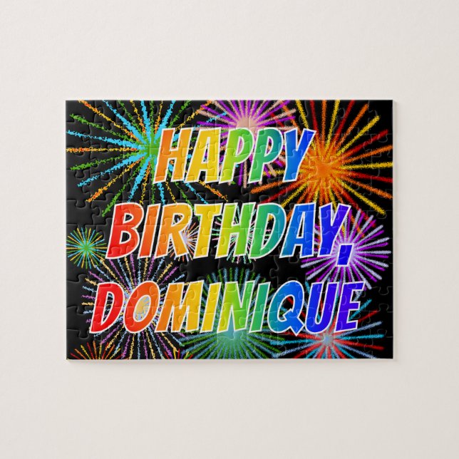 Vorname "DOMINIQUE", Fun "HAPPY BIRTHDAY" (Horizontal)