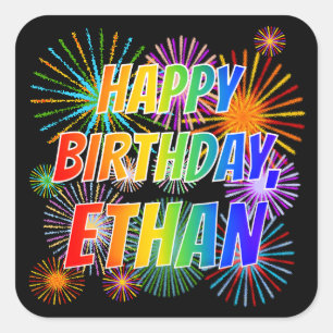 Vorname "ETHAN", Fun "HAPPY BIRTHDAY" Quadratischer Aufkleber