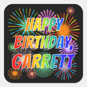 Vorname "GARRETT", Fun "HAPPY BIRTHDAY" Quadratischer Aufkleber